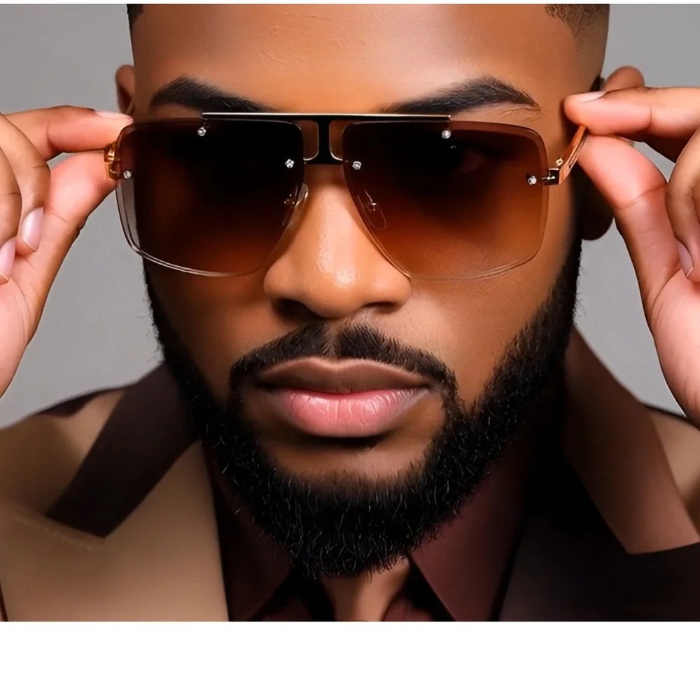 Sunglasses Brown Lens Men's Fashion Rimless Square Gold Accents UV400 Lentes New